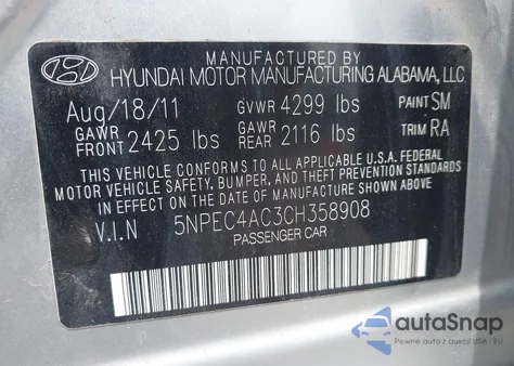 2012 Hyundai Sonata Se z USA, uszkodzony, nr VIN 5NPEC4AC3CH358908
